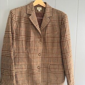 L.L. Bean Wool Cashmere Blazer 18P Brown Houndstooth Old Money Academia Fall‎ 25